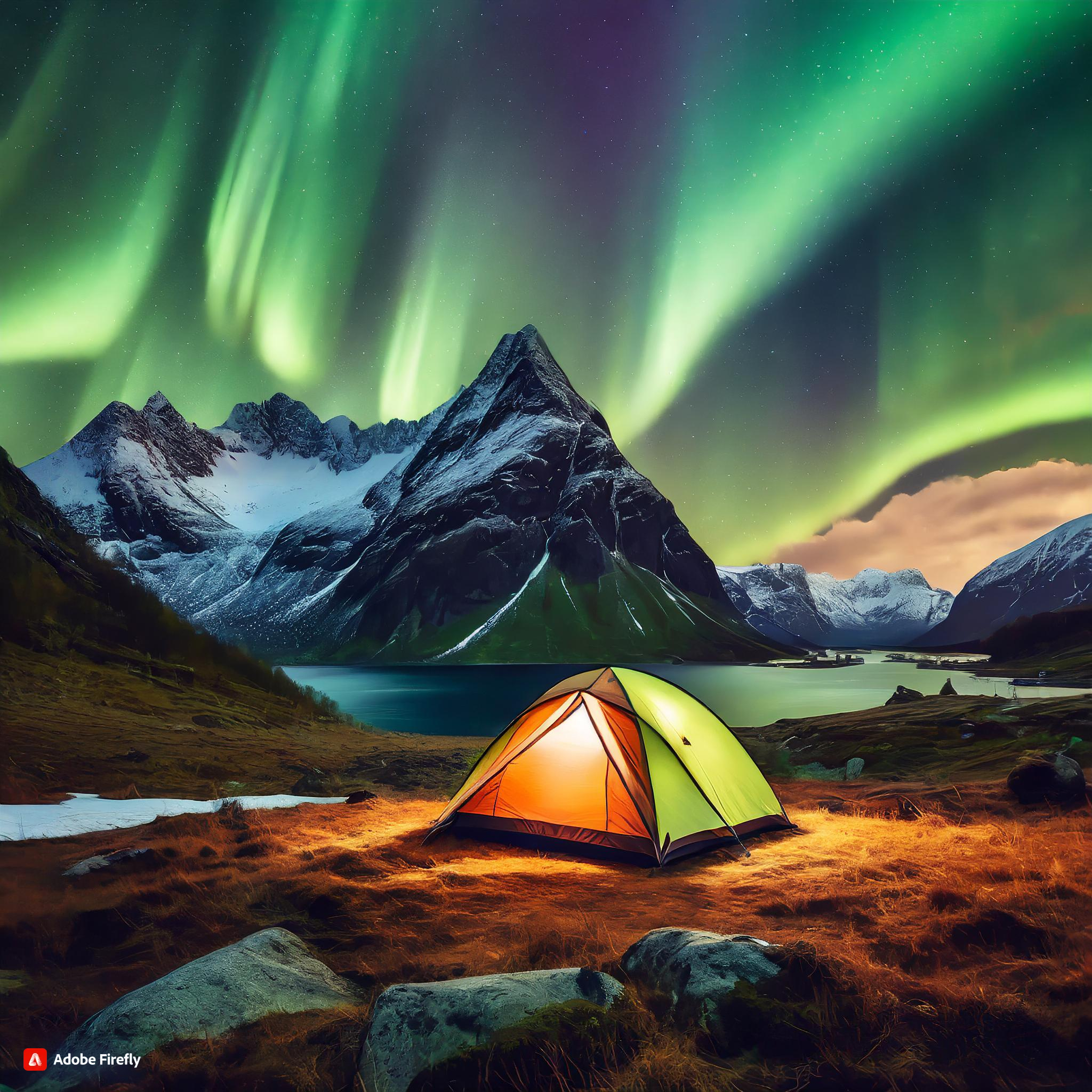 Firefly Norway northern lights with a tent on the ground near the mountains, photorealism, a small 8.jpg